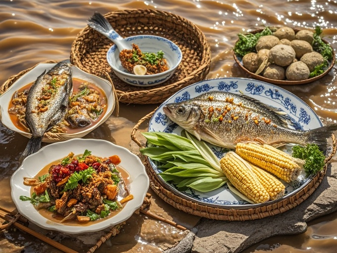如黄河鱼文化、用黄河水灌溉农作物做成的美食，以及饮食文化中的传承